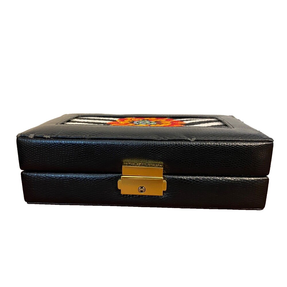 Vtg Floral Needlepoint Locking JEWELRY BOX Hand Stitched Black Zebra Small Lined - Picture 2 of 16